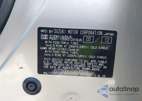 2012 Suzuki Grand Vitara Premium from USA, damaged, VIN JS3TD0D61C4100526